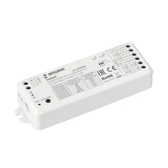 Фото товара INTELLIGENT ARLIGHT Диммер SMART-PWM-105-72-RGB-MIX-SUF (12-24V, 5x3A, TUYA Wi-Fi, 2.4G) (IARL, IP20 Пластик, 5 лет)